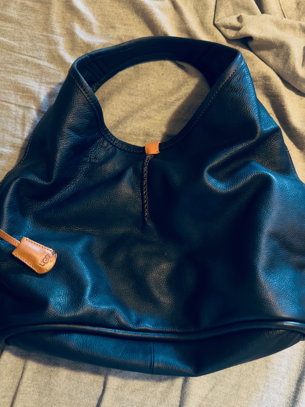 UGG Black Leather Shoulder Hobo with Tan Trim